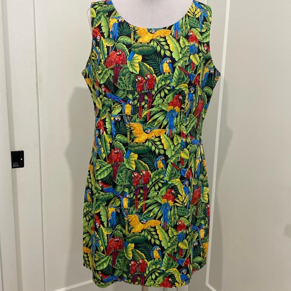 Vintage 90s Aloha Republic Sheath Dress Vibrant Tropical Parrot Print | Size 2X